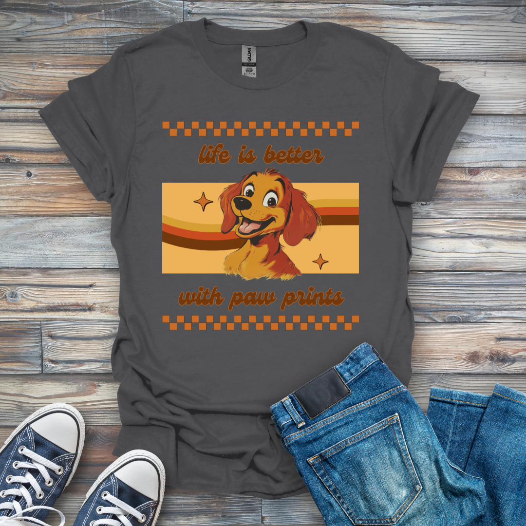 Life Is Better with Paw Prints Cartoon Dog T-Shirt