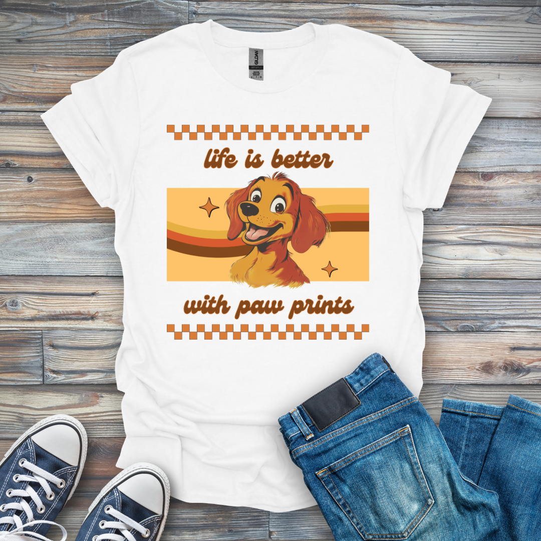 Life Is Better with Paw Prints Cartoon Dog T-Shirt