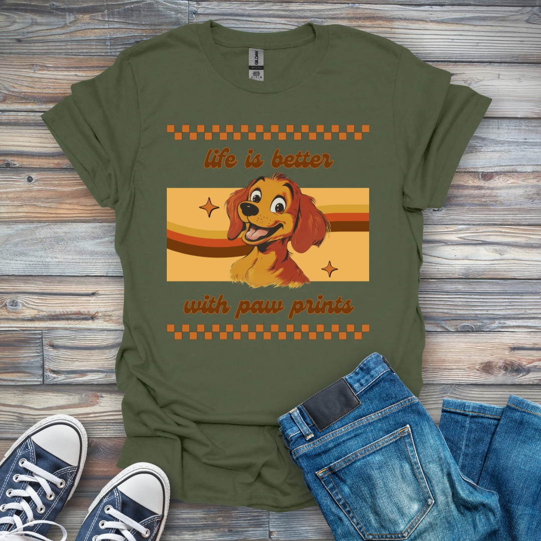 Life Is Better with Paw Prints Cartoon Dog T-Shirt