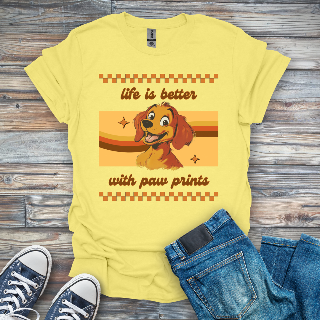Life Is Better with Paw Prints Cartoon Dog T-Shirt