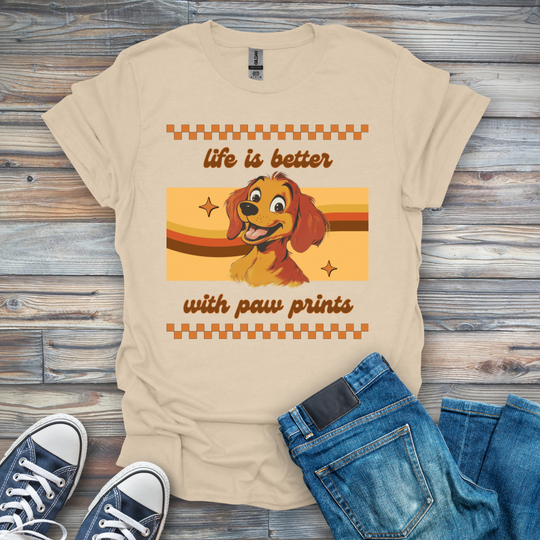 Life Is Better with Paw Prints Cartoon Dog T-Shirt