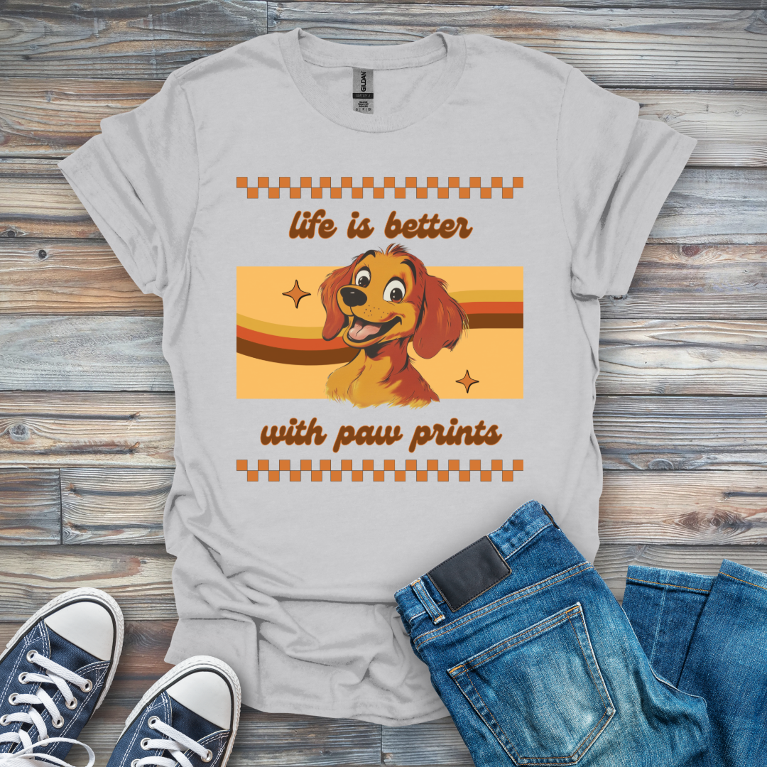 Life Is Better with Paw Prints Cartoon Dog T-Shirt